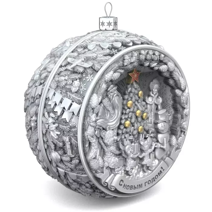 Набор из 3 серебряных ёлочных шаров "Колокольчики, Счастливое детство и Зимняя сказка"